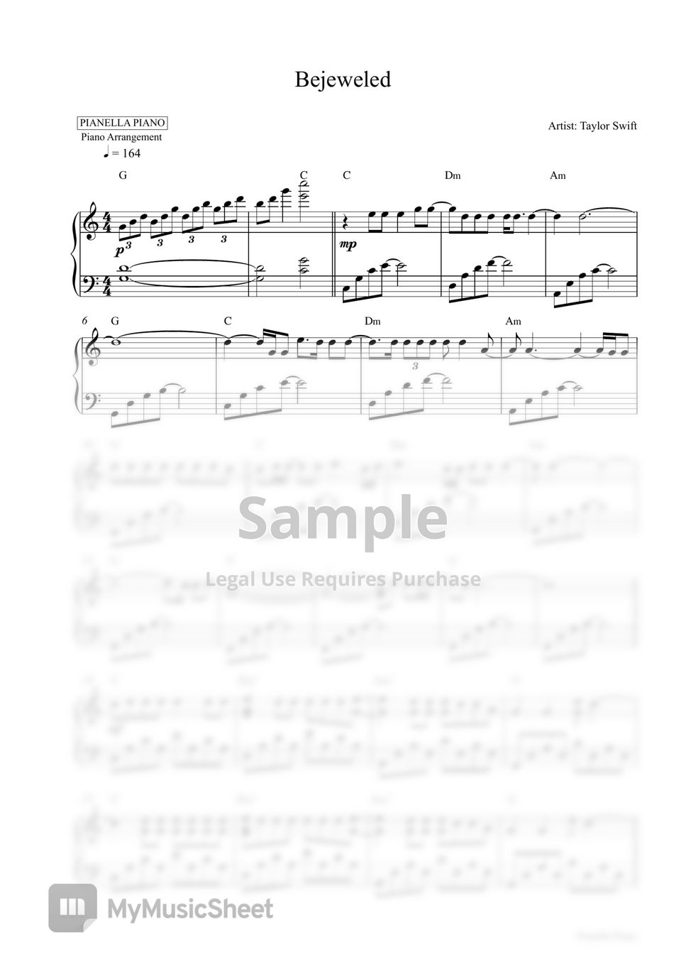 Taylor Swift - Bejeweled (Piano Sheet) by Pianella Piano