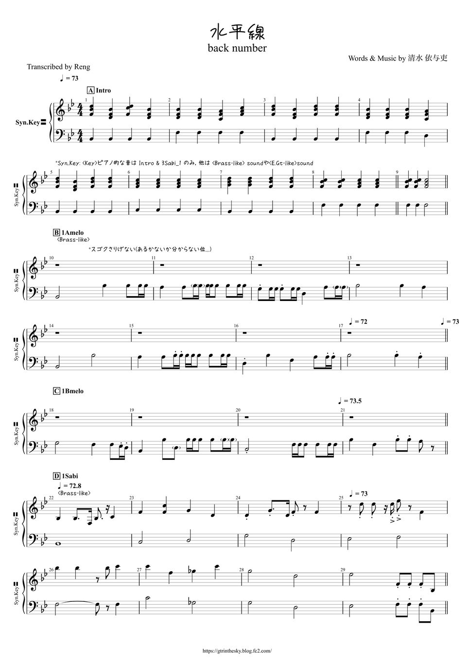 back number - 水平線 (Syn.Key/キーボード) 楽譜 by Score by Reng