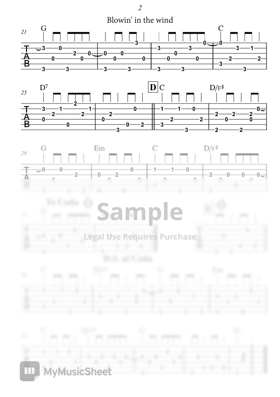 Bob Dylan Blowin' In The Wind Fingerstyle Guitar 악보 by Arithaj Lk