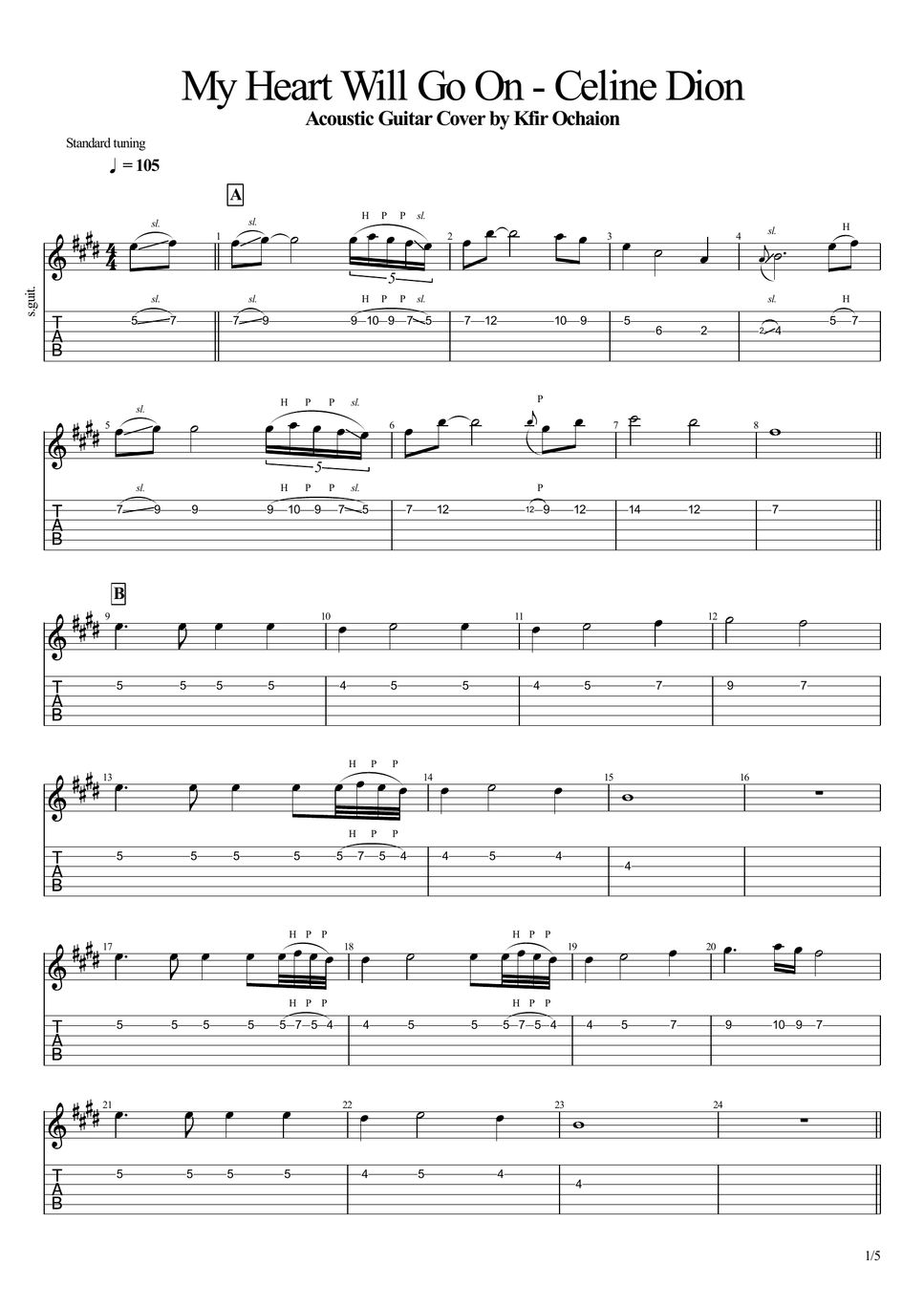 Celine dion my heart will go on acoustic partitura by kfir ochaion