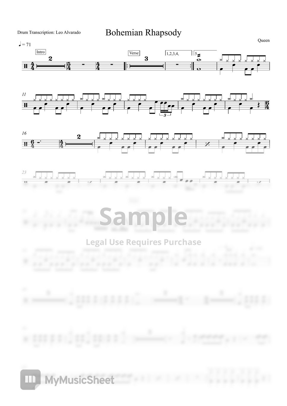 Queen - Bohemian Rhapsody Sheet by Drum Transcription: Leo Alvarado