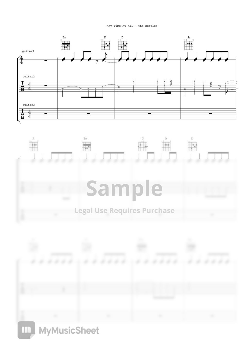 The beatles any time at all guitar x3 sheets by ryohei kanayama