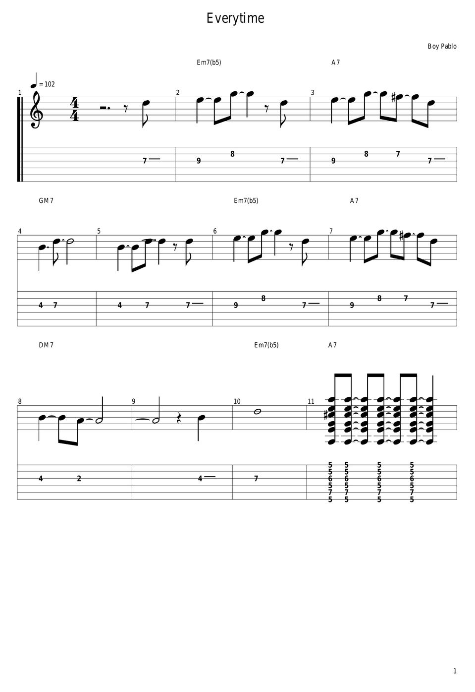 Boy Pablo Everytime Tab + 1staff by guitar cover with tab