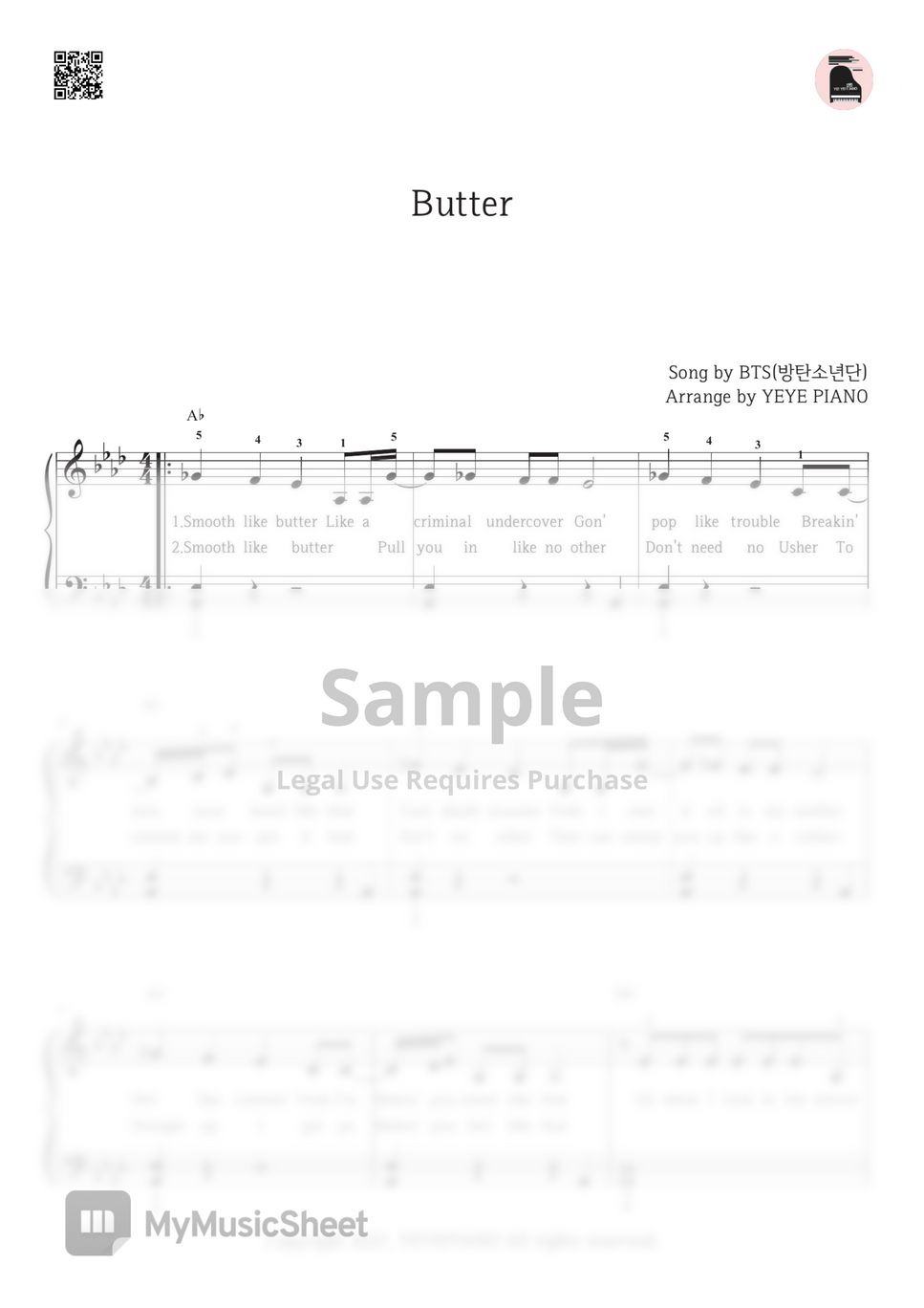 BTS(방탄소년단) Butter 악보 by 예예피아노(YEYE PIANO)
