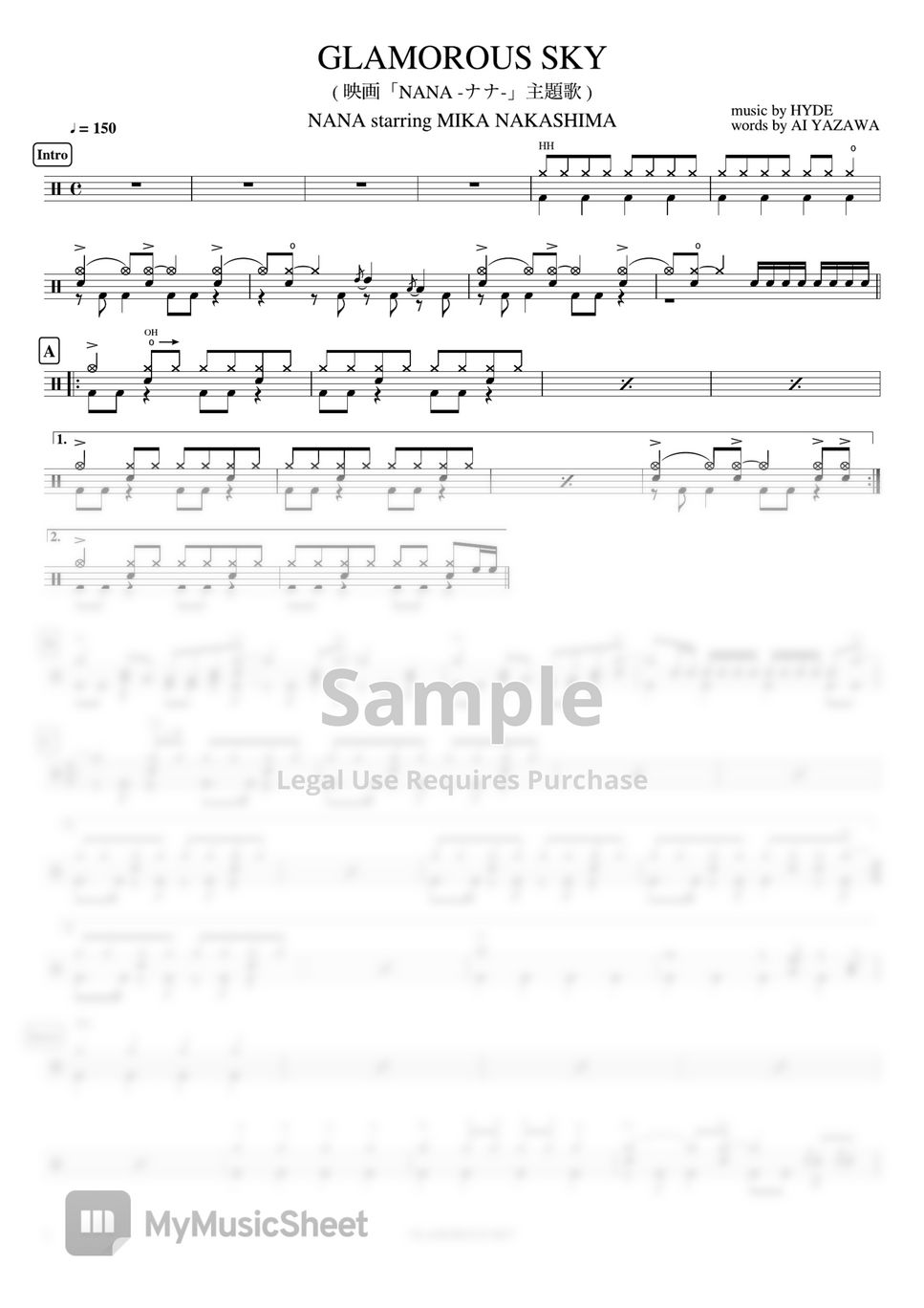 NANA starring MIKA NAKASHIMA - GLAMOROUS SKY (movie「NANA -ナナ-」OP theme) by Cookai's J-pop Drum sheet music!!!