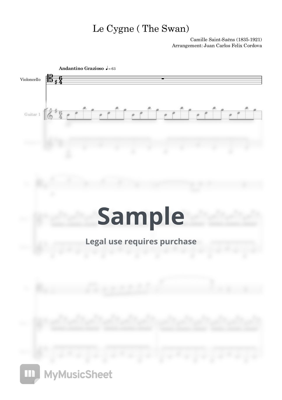 Camille Saint-Saëns - Le Cygne for 2 guitar and cello by Juan Carlos Felix Cordova