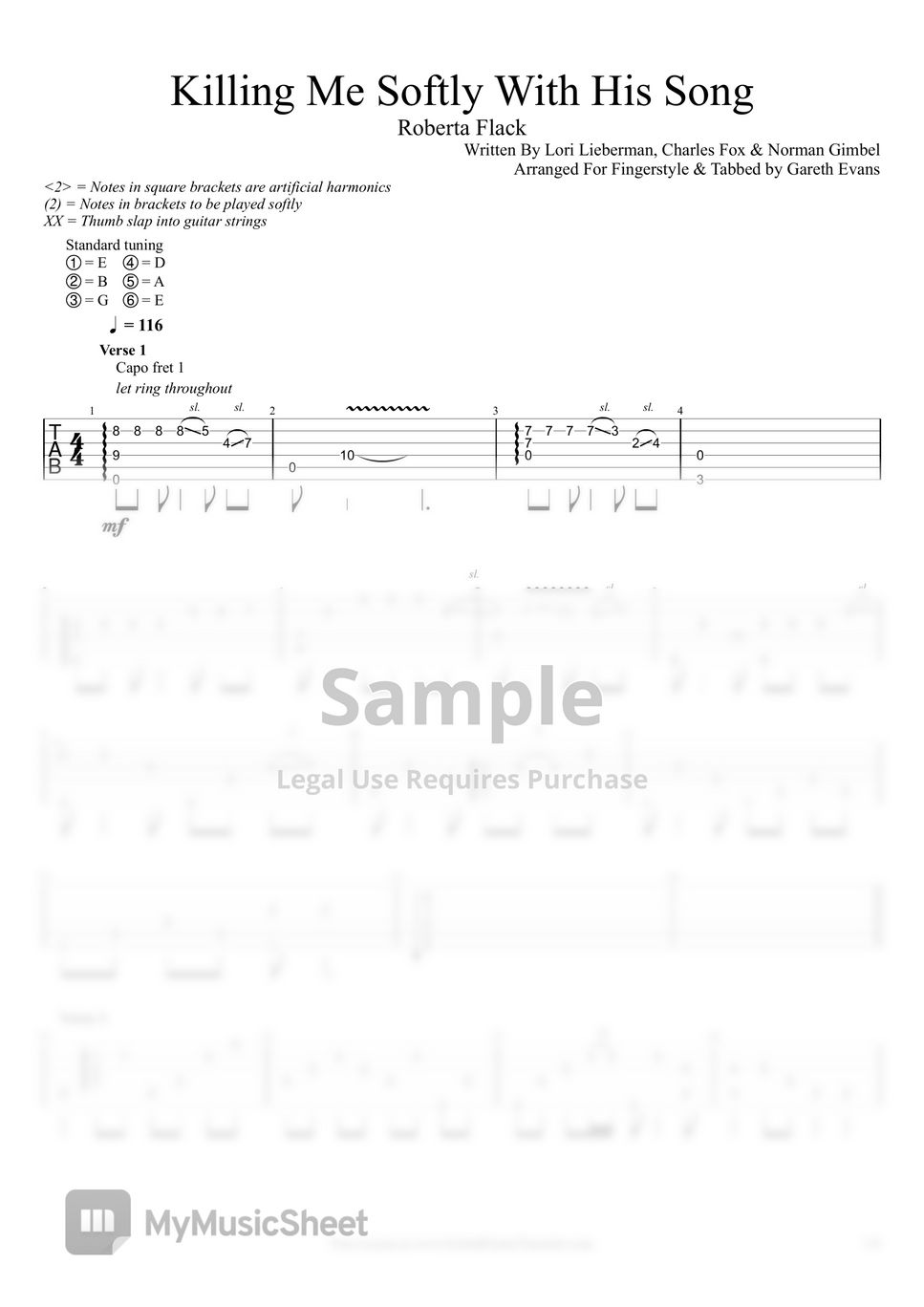 Roberta Flack Killing Me Softly With His Song (Fingerstyle) Sheets by