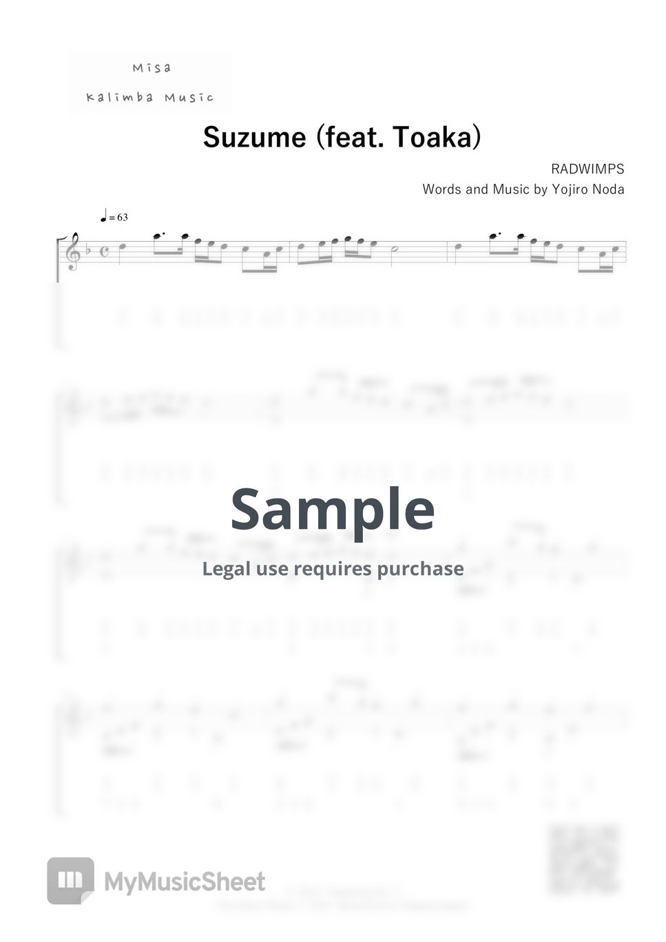 RADWIMPS - Suzume (feat. Toaka) / 21 keys kalimba Tab / Number Notation by Misa / Kalimba Music