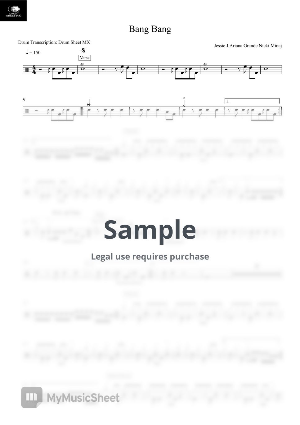 Jessie J,Ariana Grande Nicki Minaj - Bang Bang by Drum Transcription: Drum Sheet MX