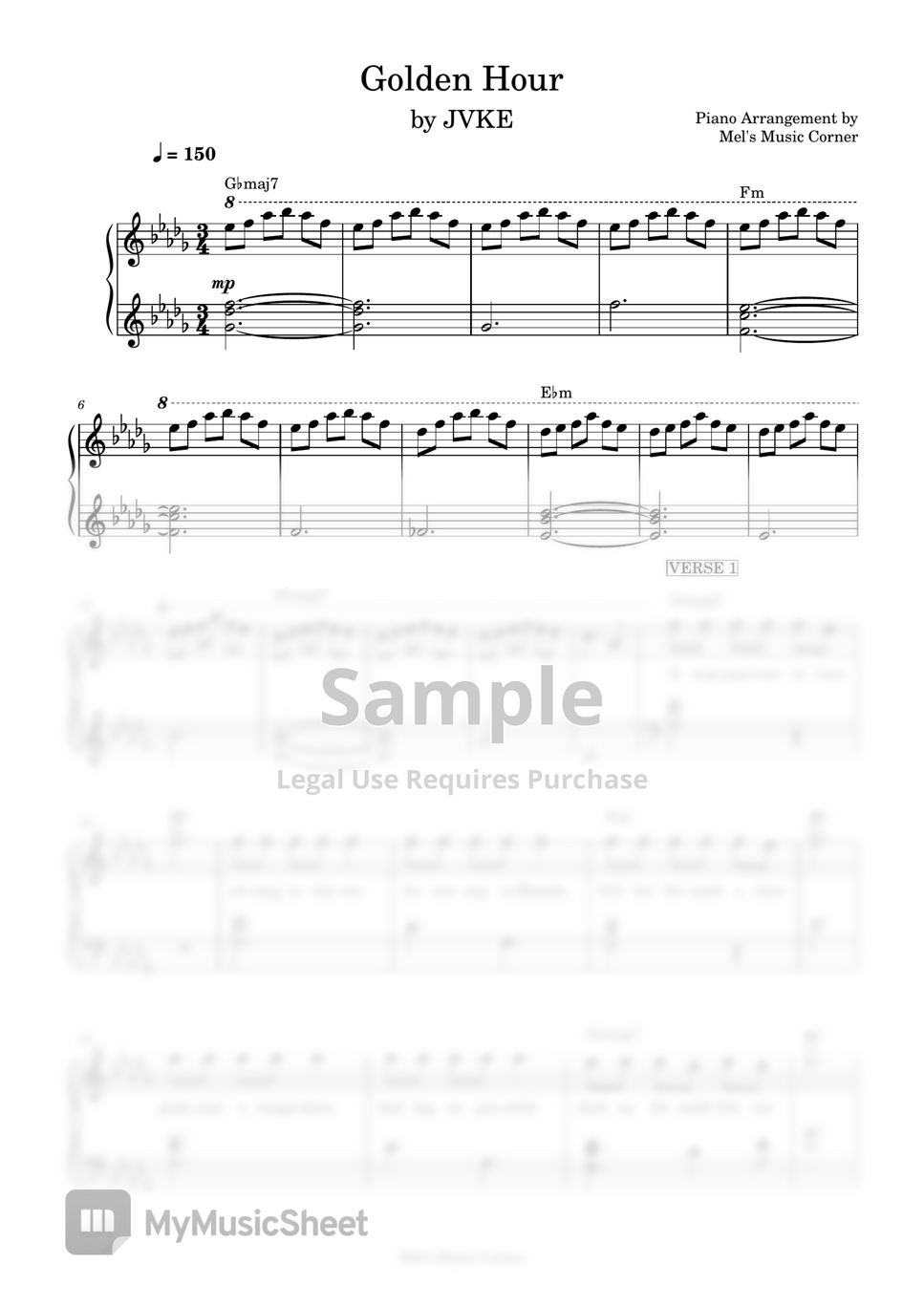 JVKE - Golden Hour SLOWER VERSION, LOWER KEY (piano sheet music) by Mel's Music Corner