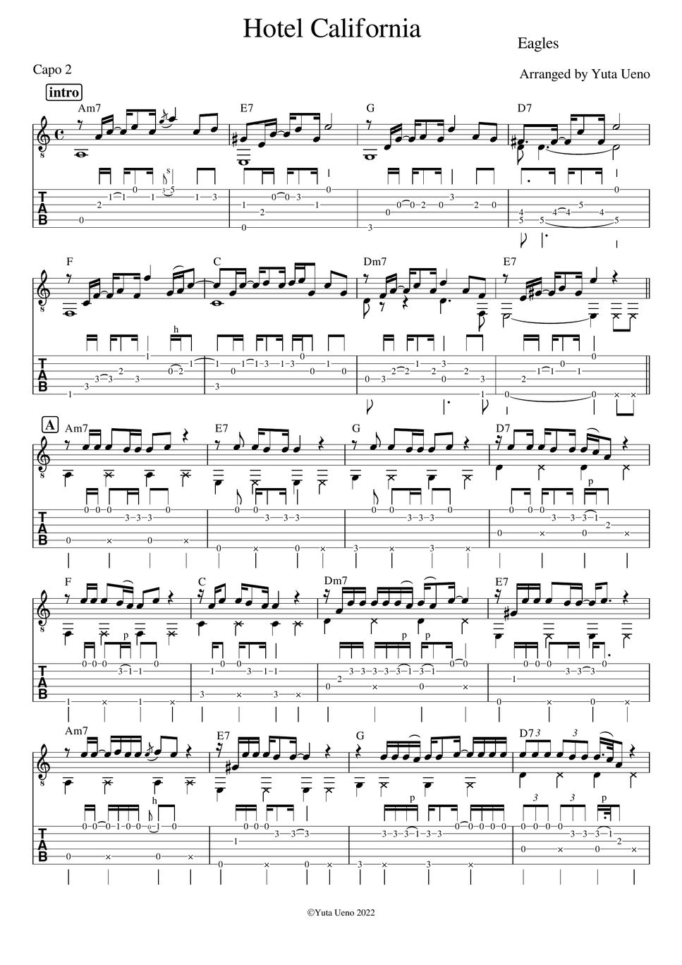 Eagles Hotel California (Fingerstyle) Tab + 단선 악보 by Yuta Ueno