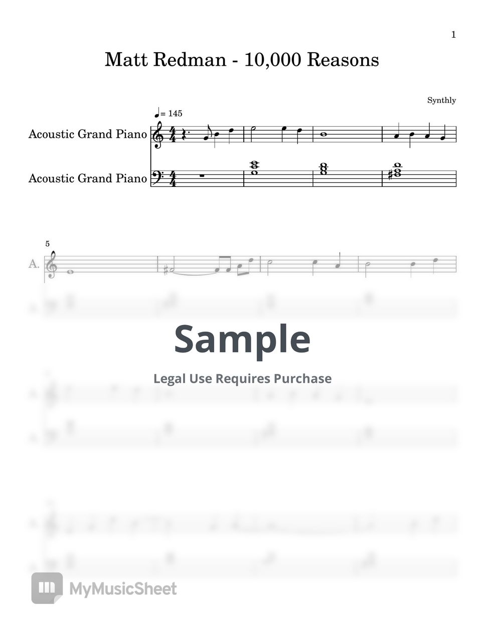 Matt Redman - 10,000 Reasons (EASY PIANO SHEET) by Synthly