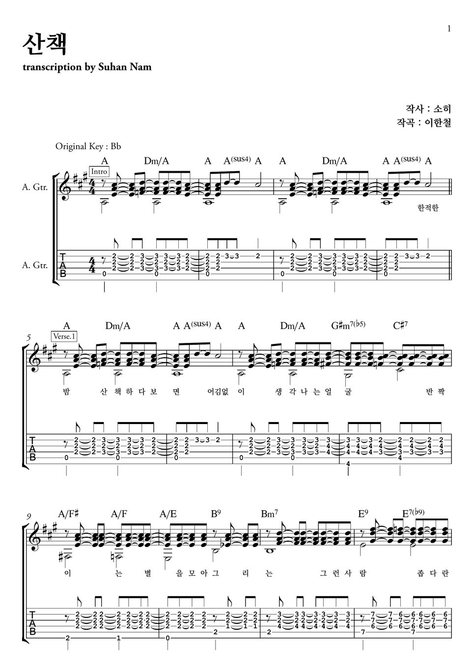 소히(Sorri)/백예린 - 산책 (Guitar Tab) Sheets By Suhan Nam