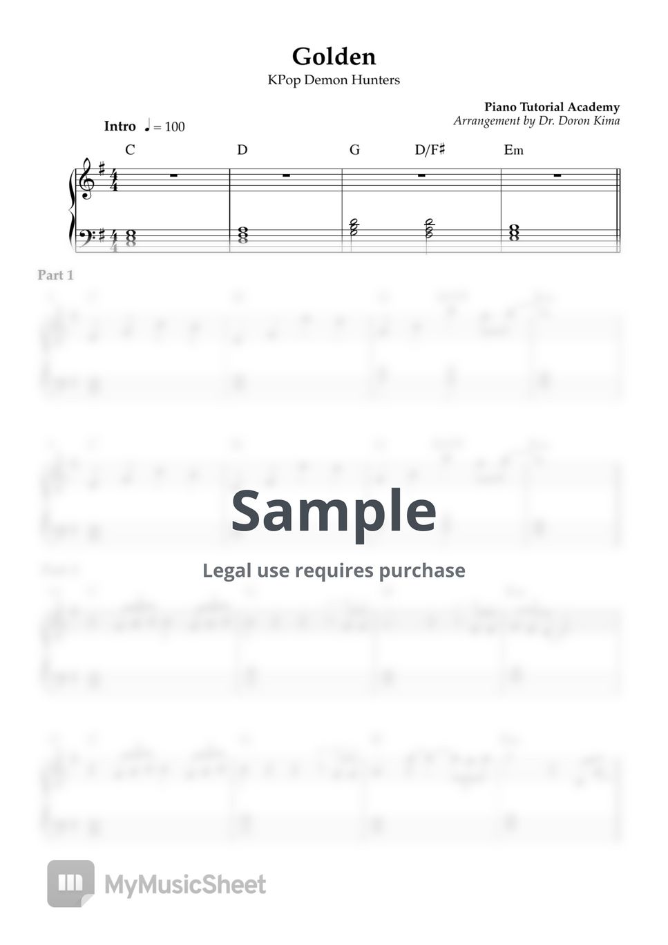 KPop Demon Hunters - GOLDEN (Piano Tutorial Academy - Dr. Doron Kima – Sheet Music, MIDI File &amp; MusicXML) by Dr. Doron Kima