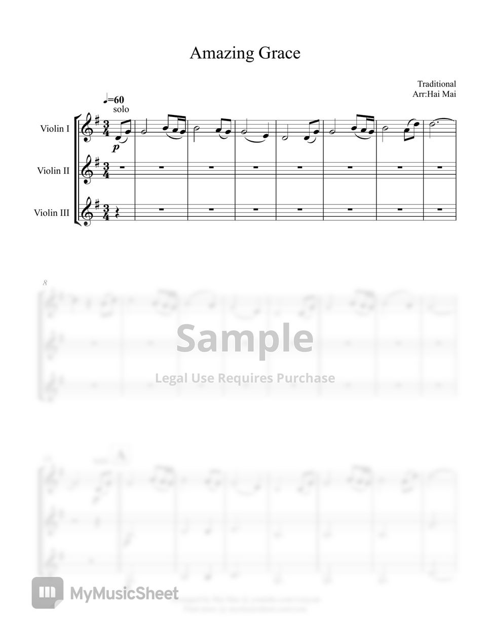 John Newton - Amazing Grace - For Violin ensemble 3 parts by Hai Mai