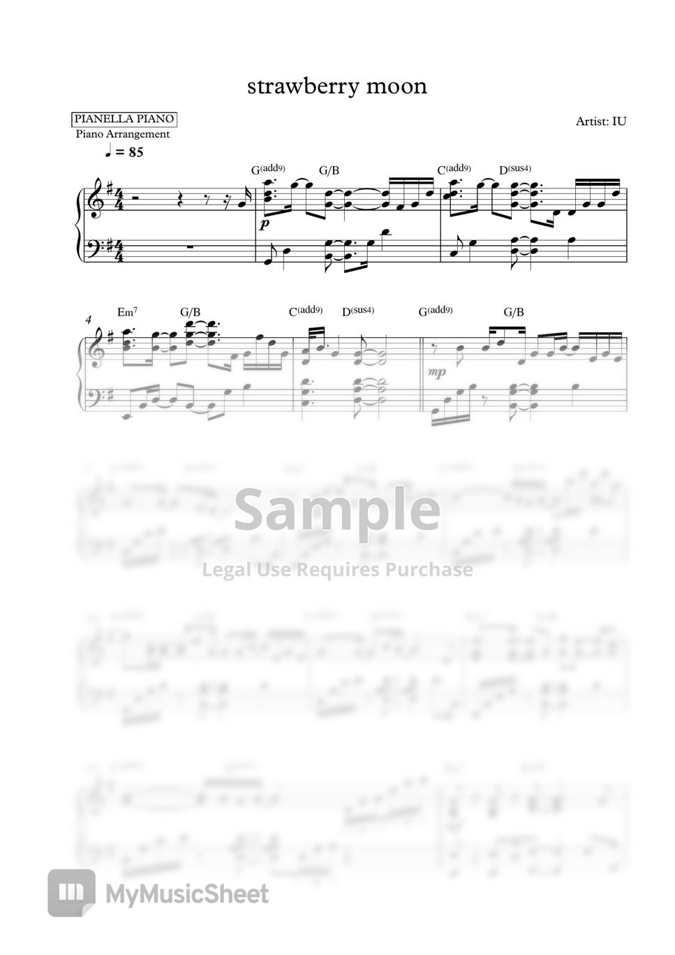 IU - strawberry moon - 2 PDF (Original Key Gb & Easier Key G) by Pianella Piano
