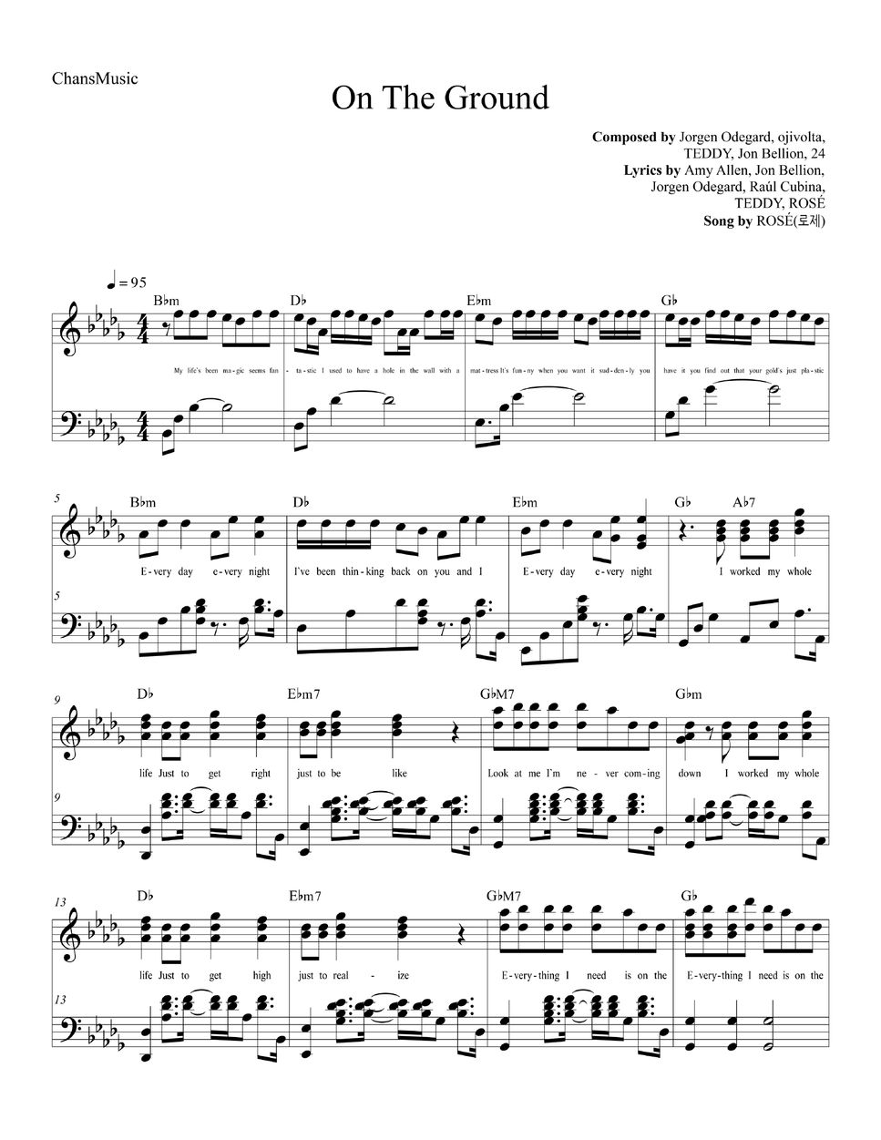로제 (ROSÉ) On The Ground (with Lyrics) Sheets by ChansMusic
