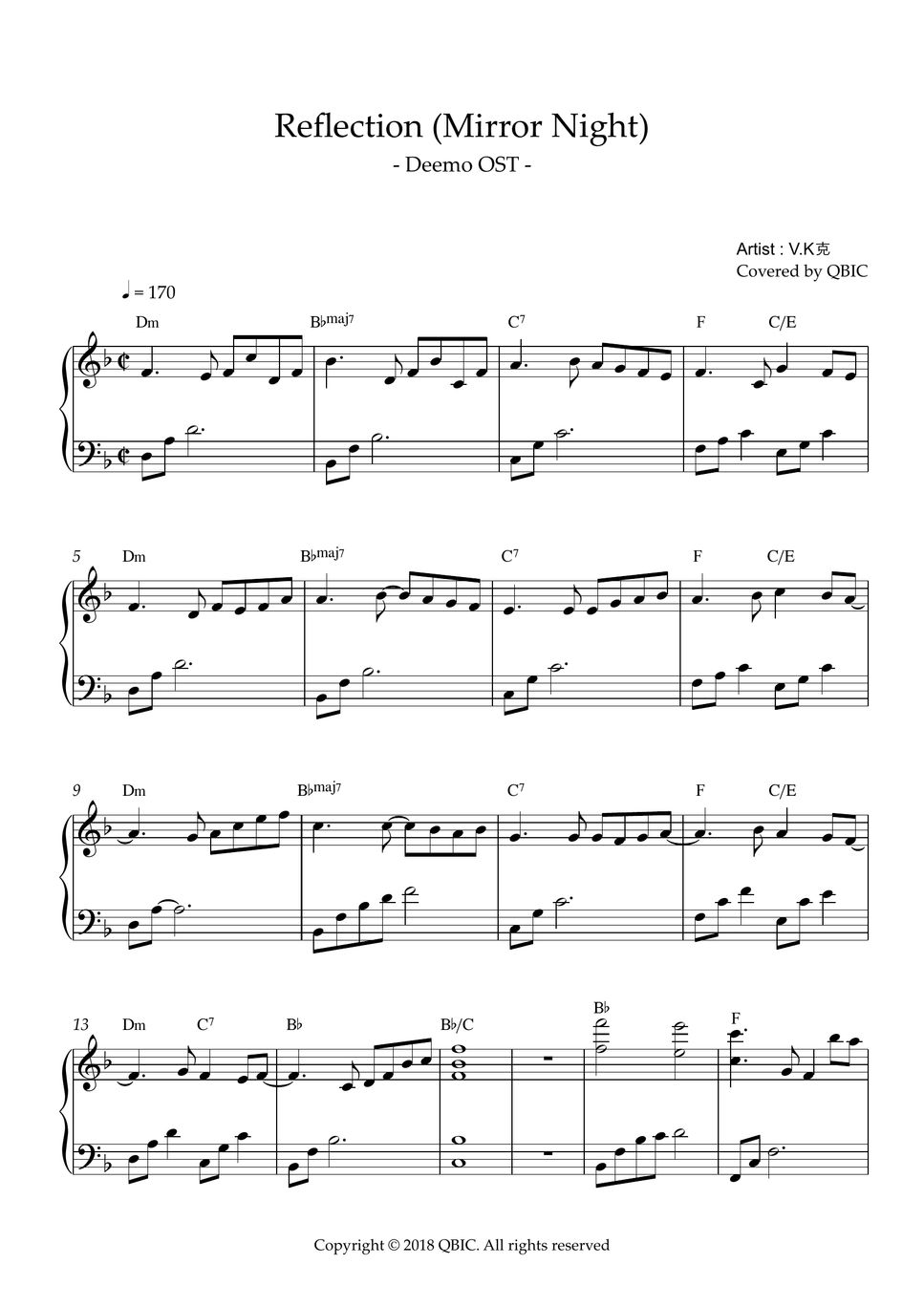 Deemo OST Reflection (Mirror Night) Sheet by QBIC