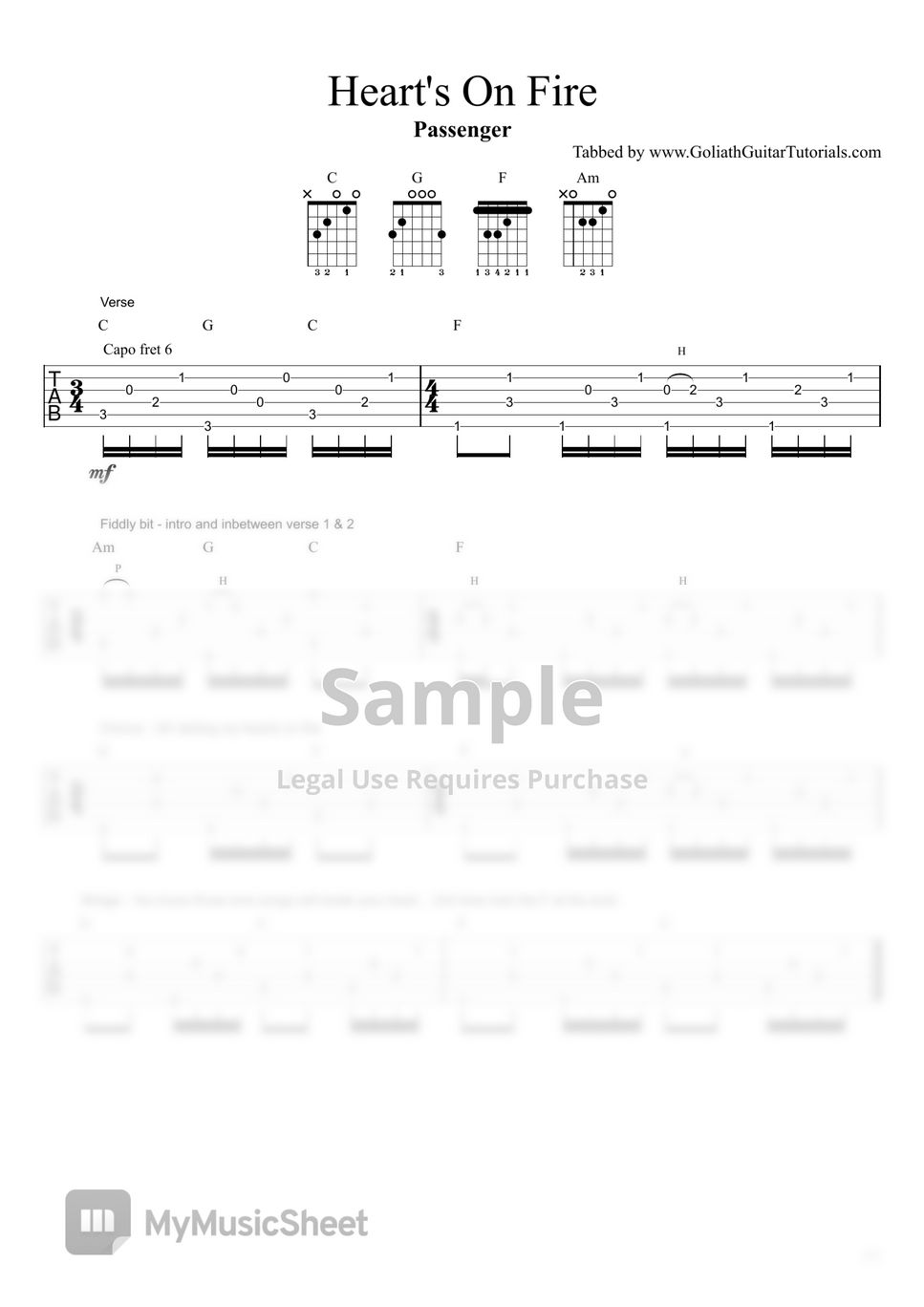 Passenger Heart's On Fire Sheets by Goliath Guitar Tutorials