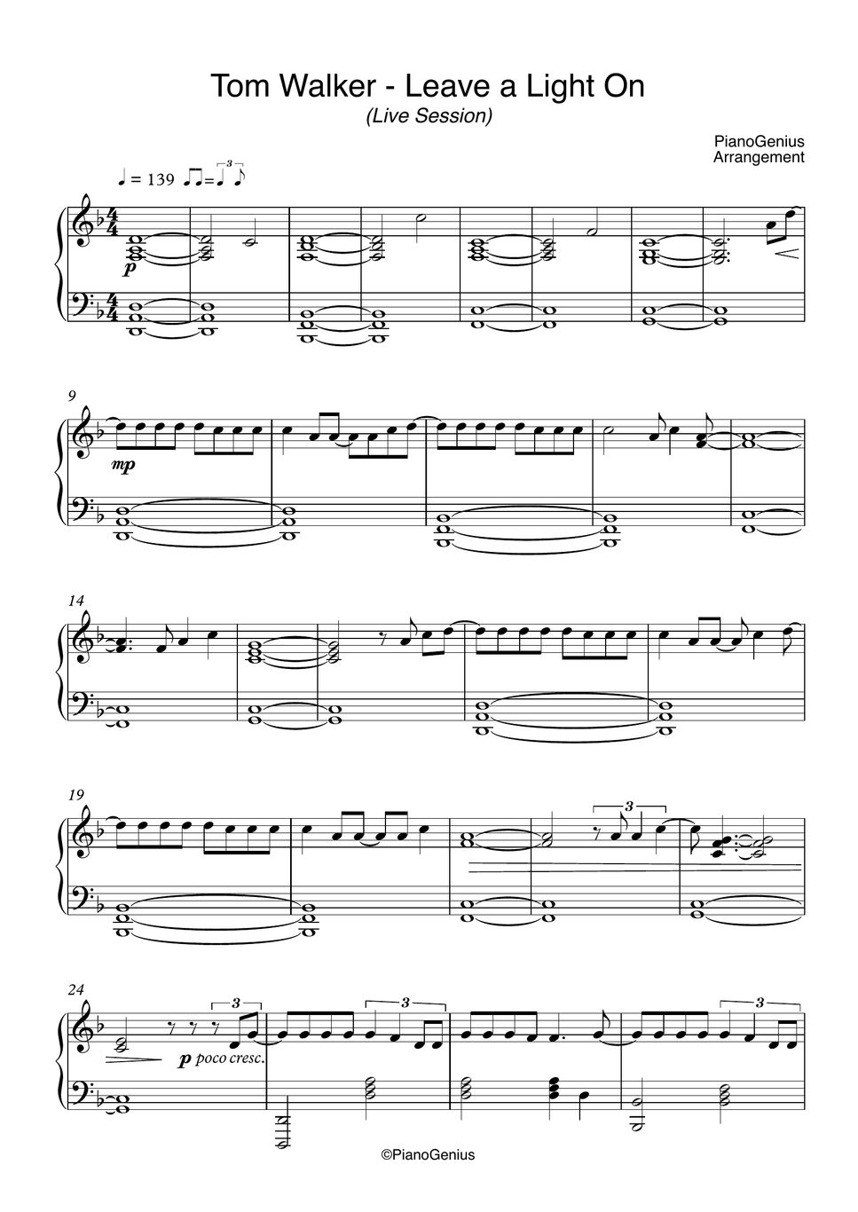 Tom Walker - Leave a Light On Sheet by PianoGenius