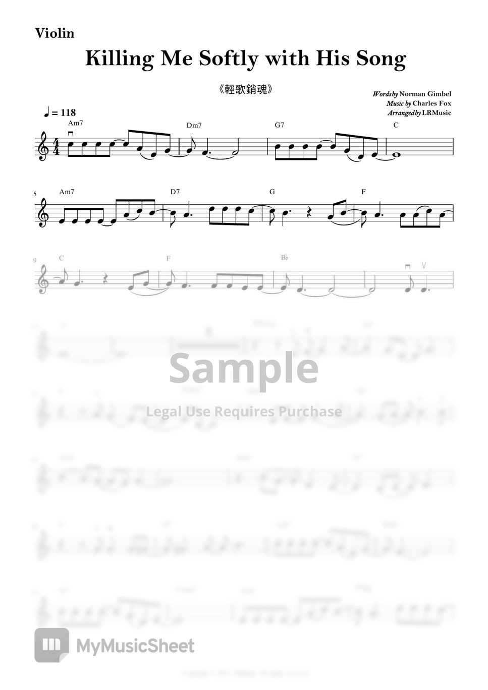 Roberta Flack - Killing Me Softly with His Song｜Violin  Sheet Music by LRMusic