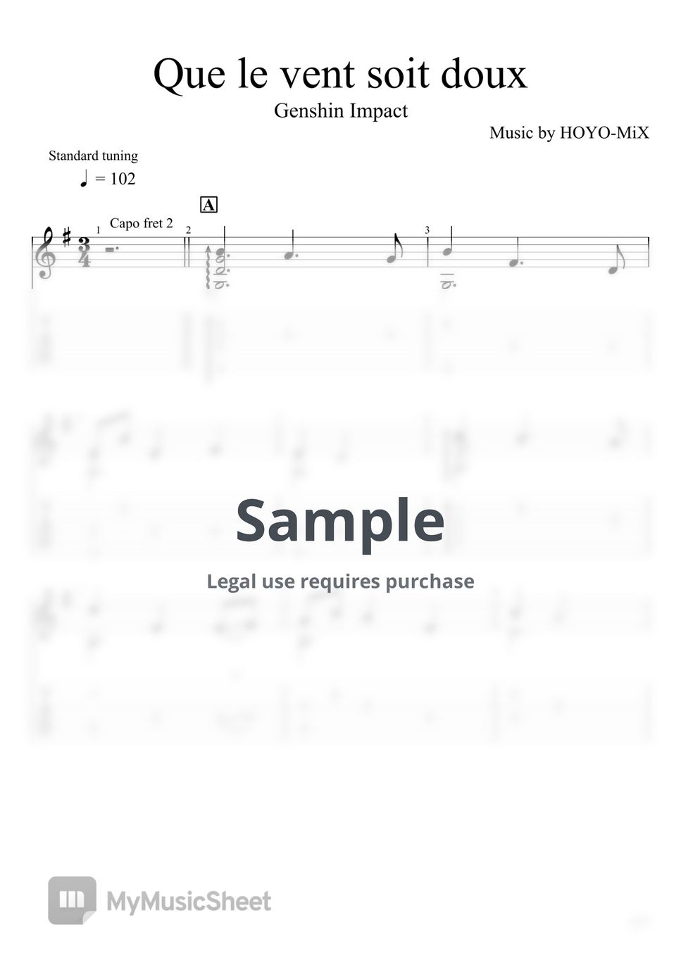 Genshin Impact Que le vent soit doux (Fingerstyle) Sheets by u3danchou