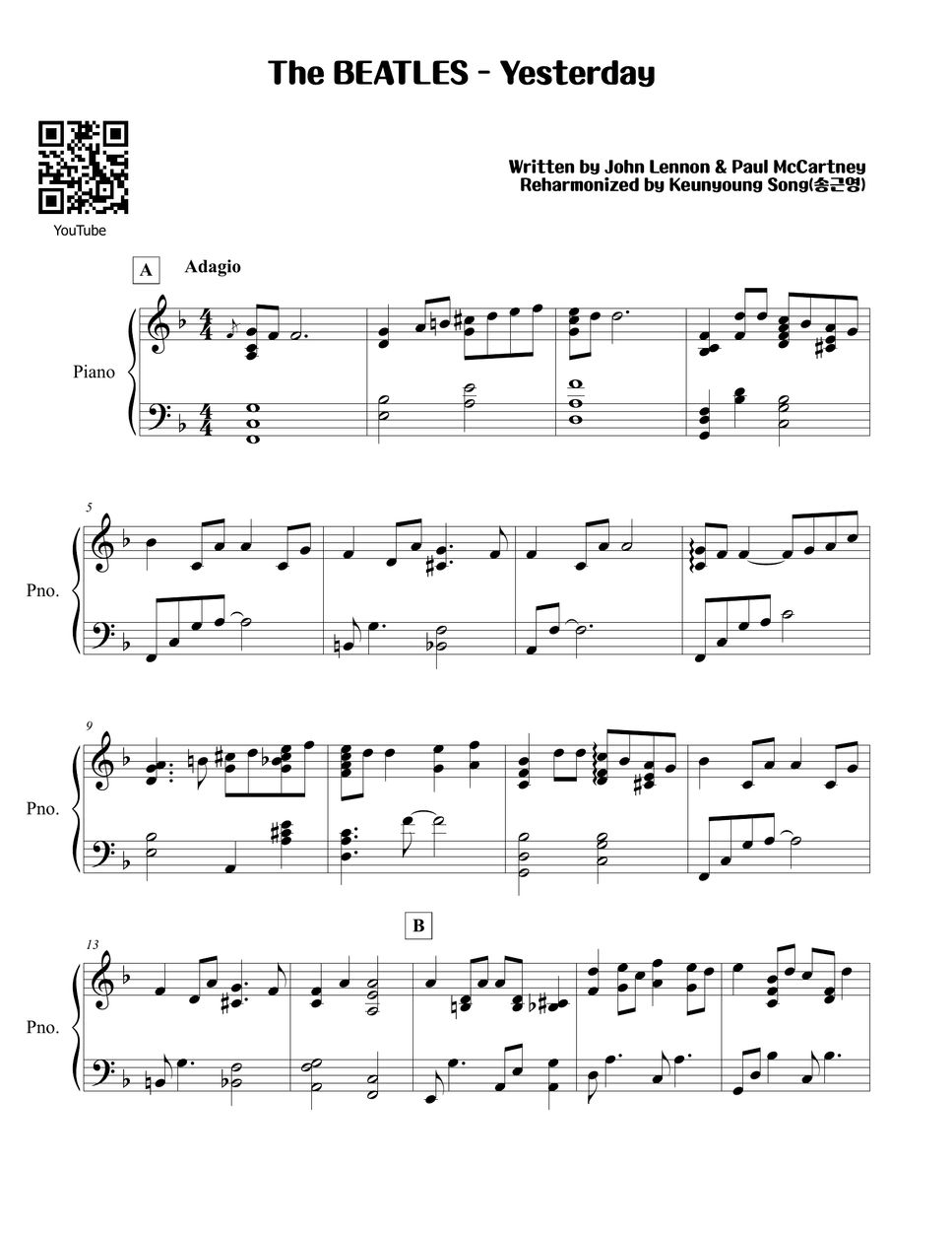The Beatles - Yesterday 楽譜 by Pianist Keunyoung Song(송근영)