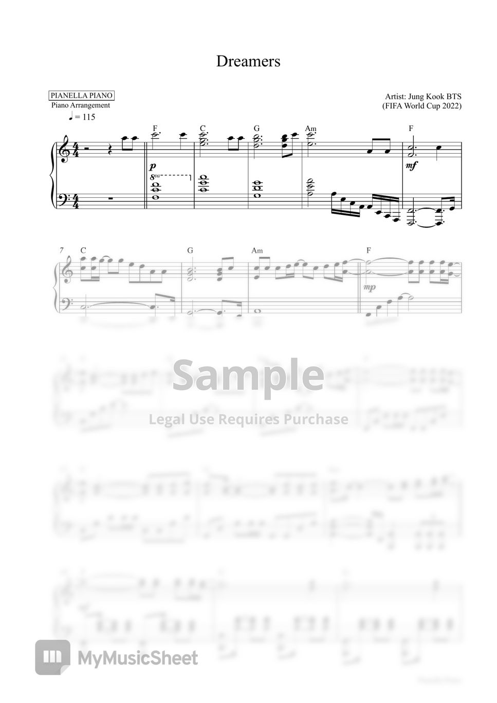 BTS Jung Kook - Dreamers (Piano Sheet) by Pianella Piano