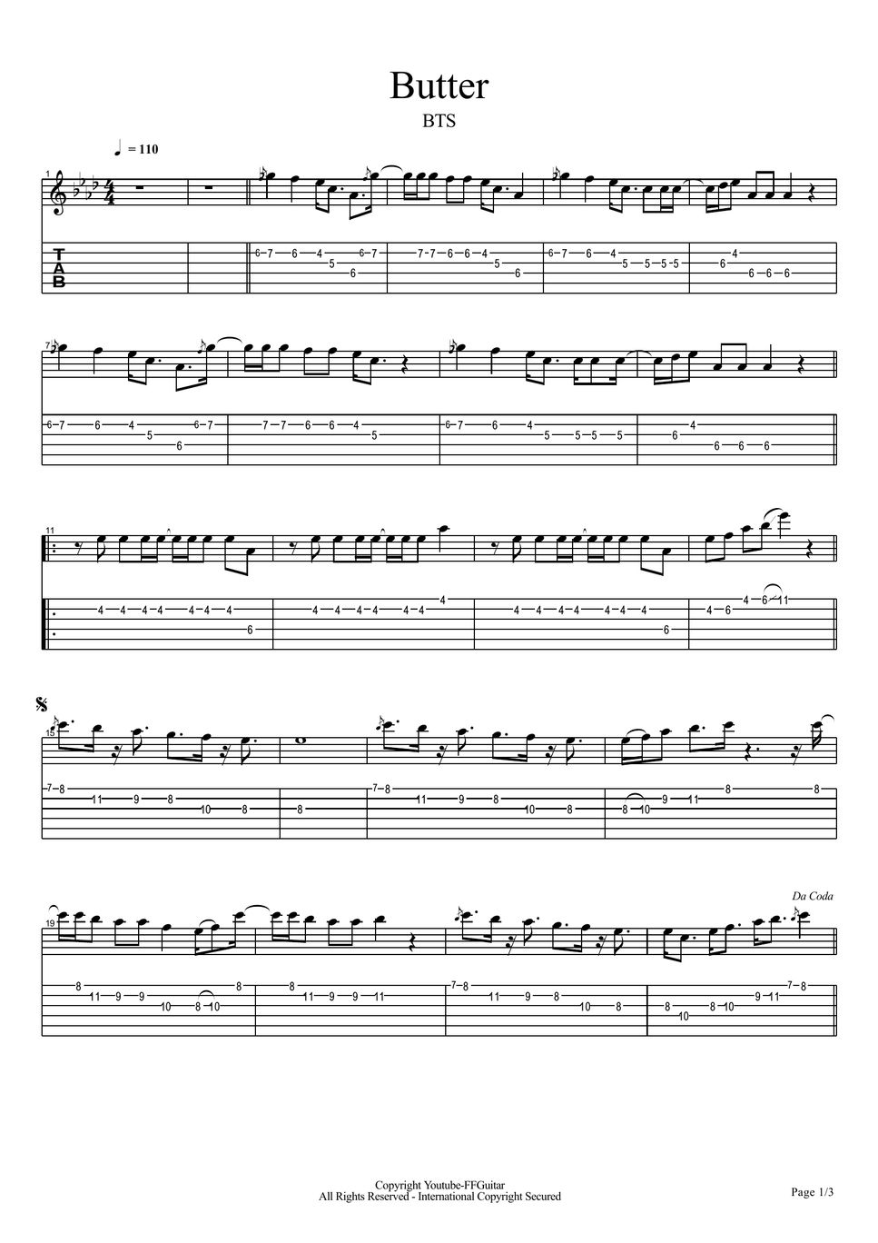 BTS Butter Guitar Cover Sheets by FFGuitar