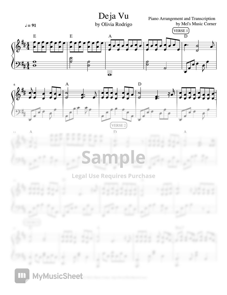 Olivia Rodrigo - De Javu (piano sheet music) by Mel's Music Corner