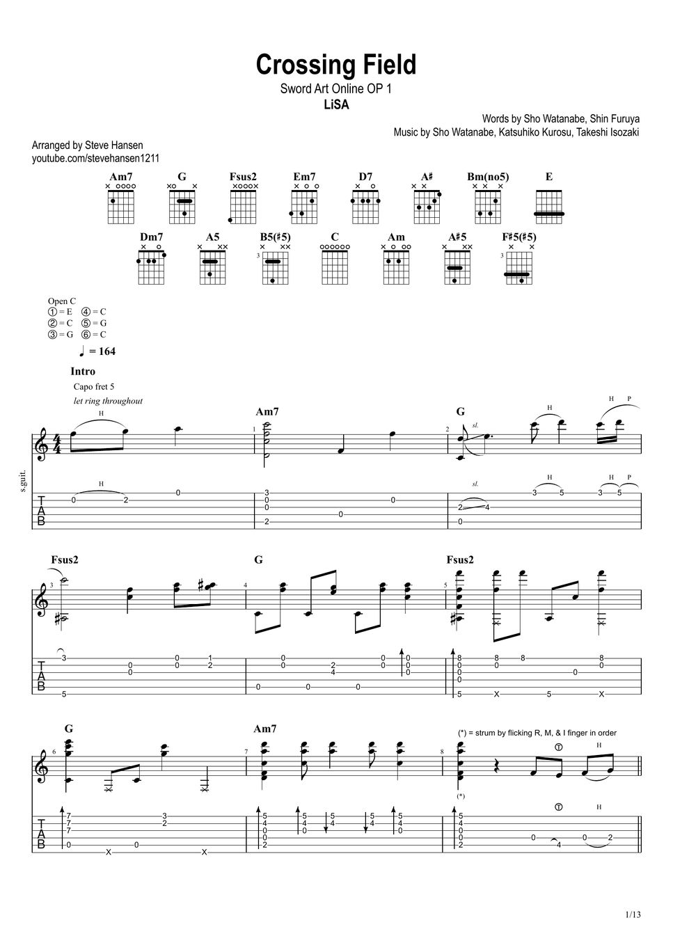 LiSA Crossing Field (From "Sword Art Online") (Fingerstyle) タブ by Steve Hansen