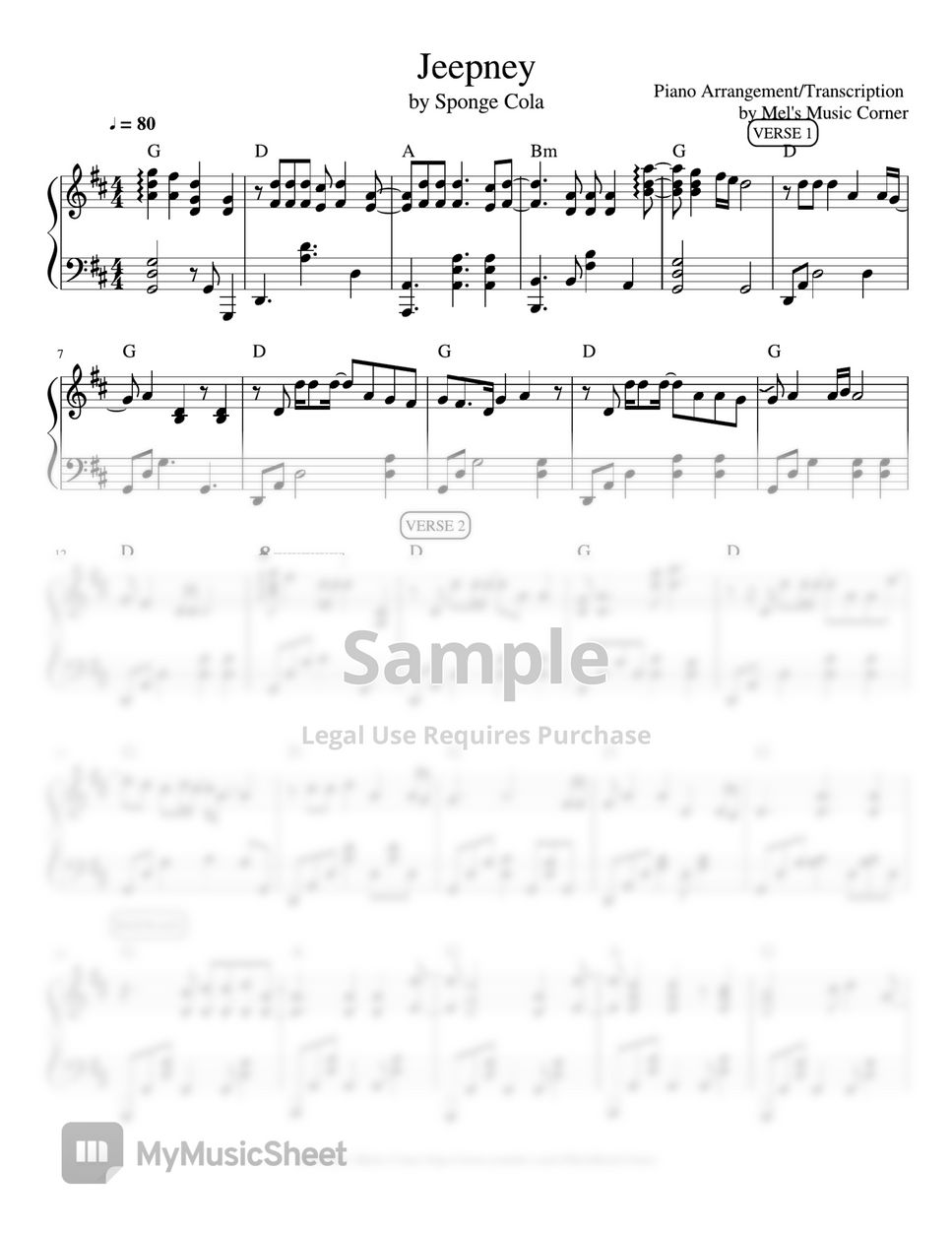 Sponge Cola - Jeepney (piano sheet music) by Mel's Music Corner