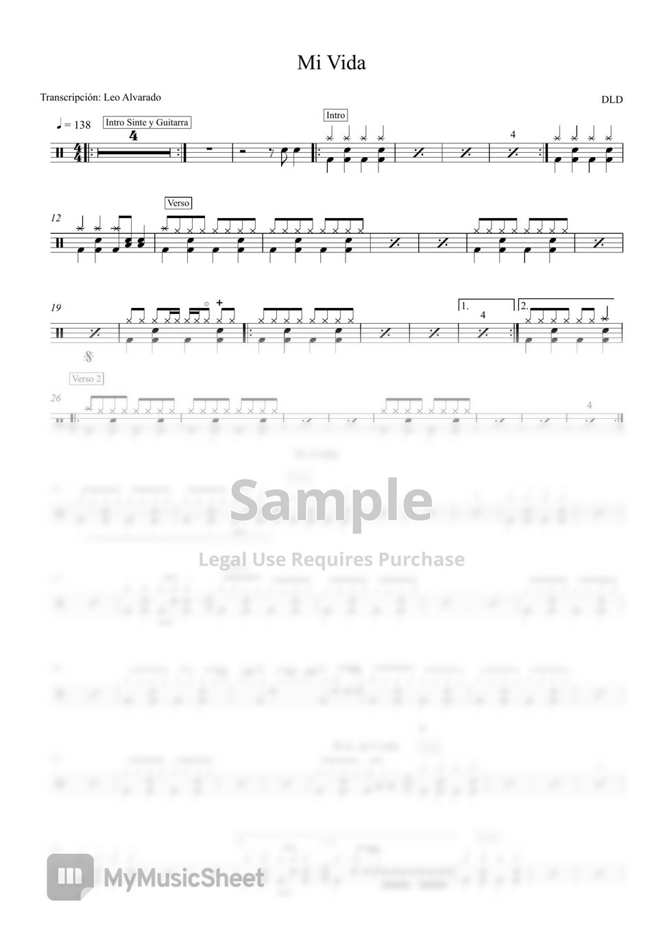DLD Mi Vida Sheets by Drum Transcription Leo Alvarado