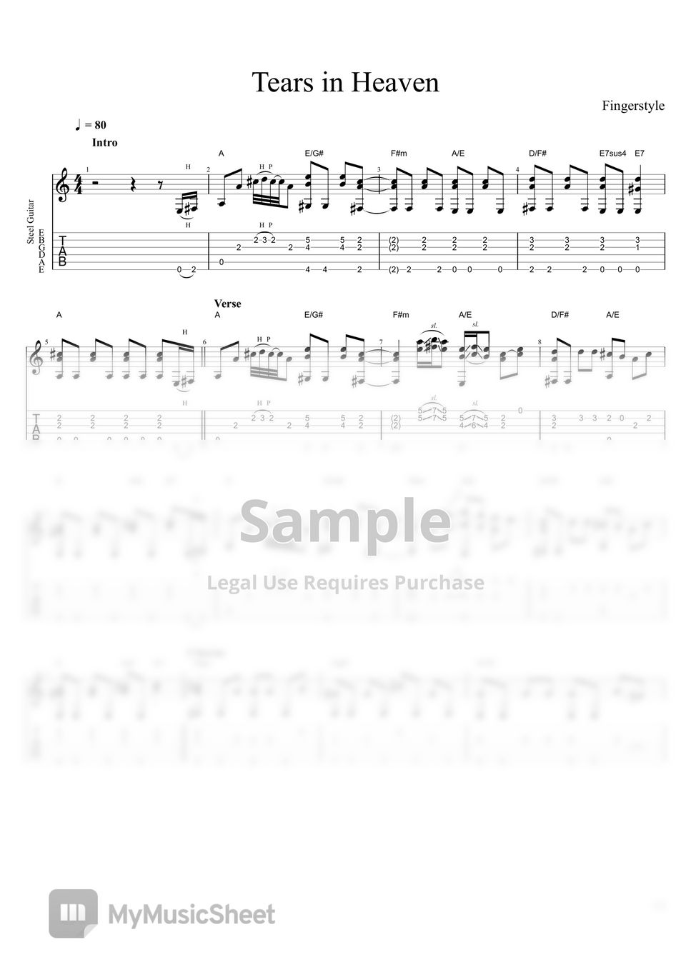 Eric Clapton Tears in Heaven (Easy Fingerstyle Guitar) Tab + 1staff