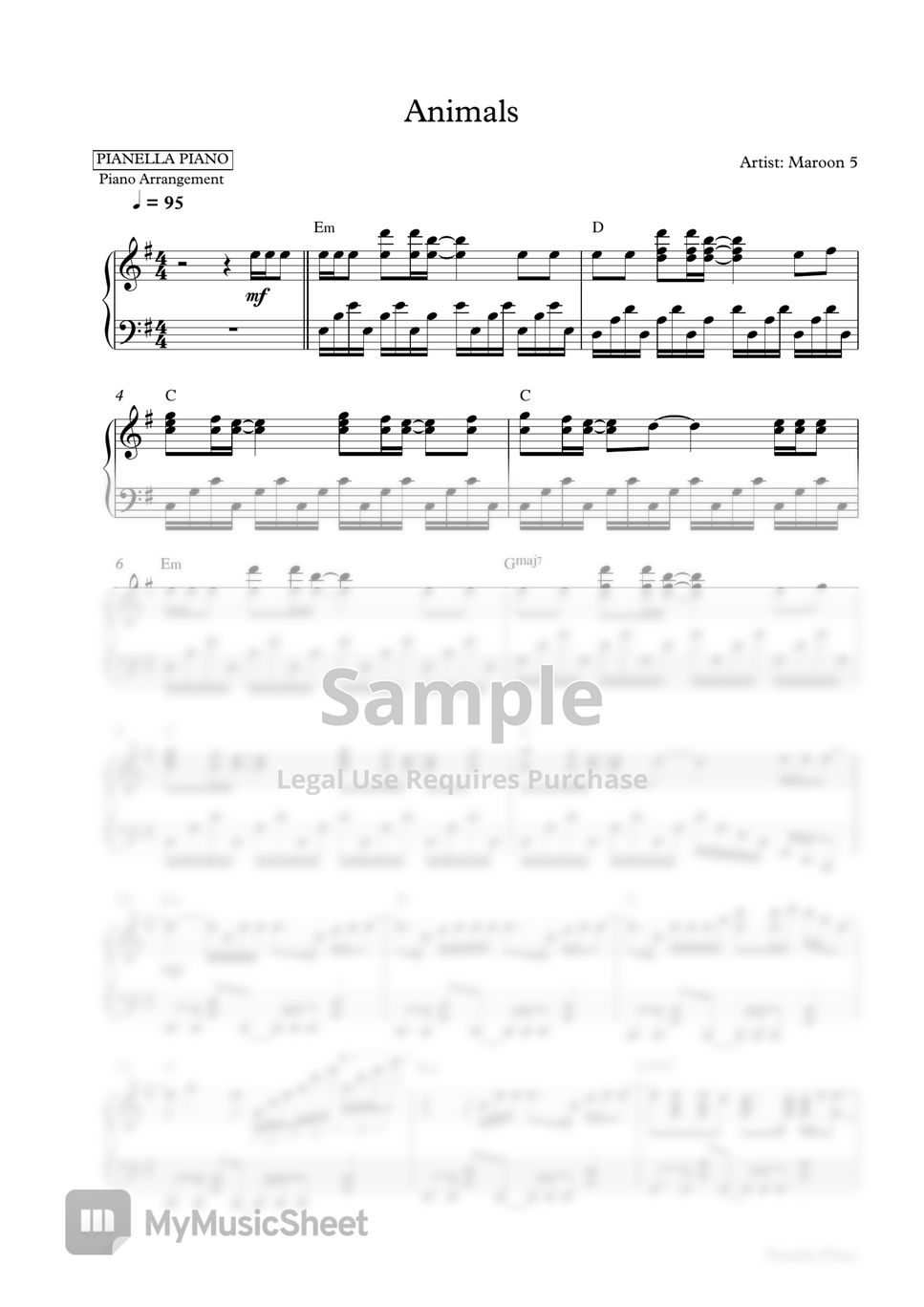 Maroon 5 Animals (Piano Sheet) 악보 by Pianella Piano