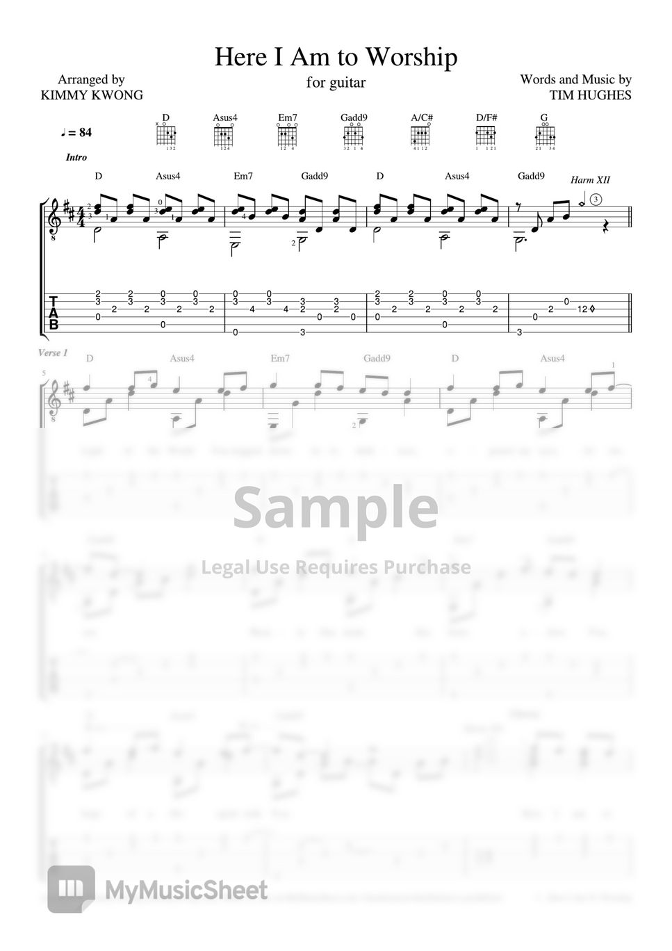 Hillsong Worship - Here I Am to Worship (fingerstyle guitar TAB) Tab +  1staff by Kimmy Kwong