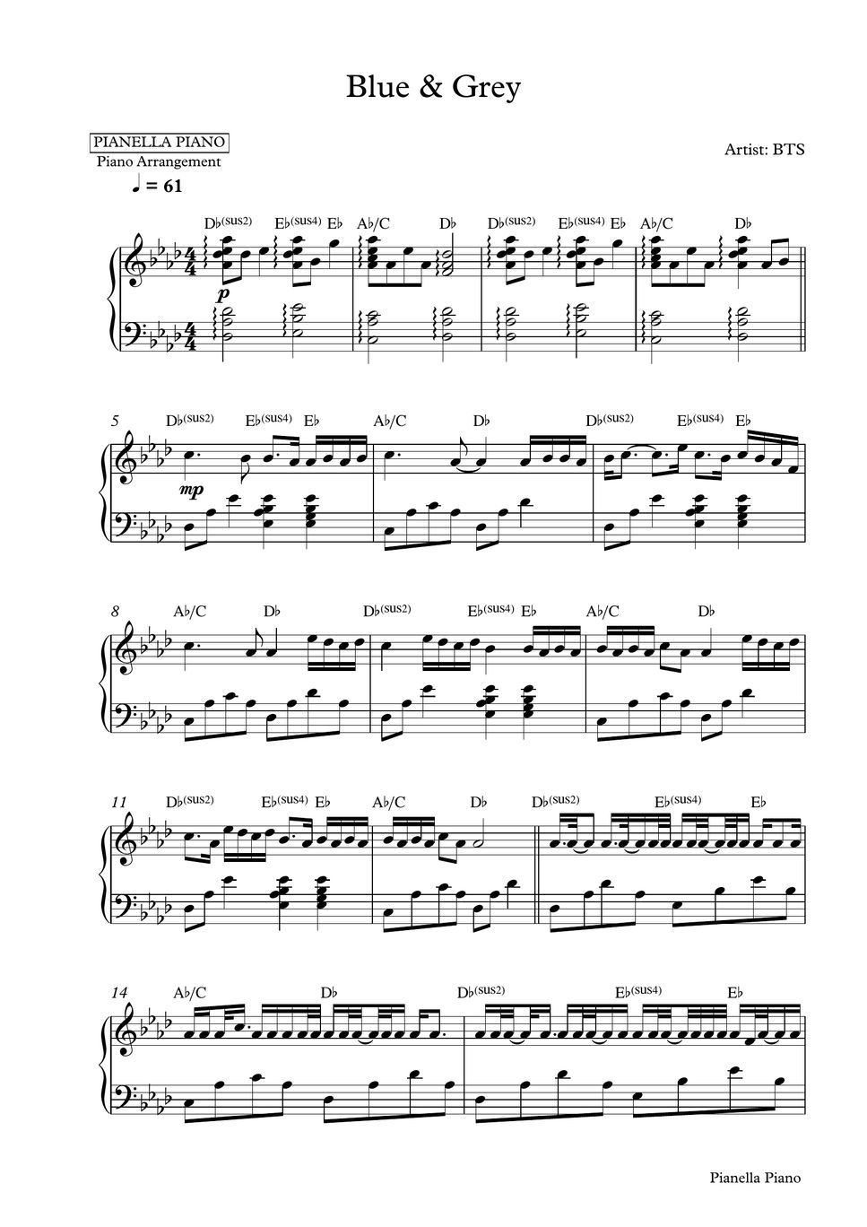 BTS Blue & Grey (Piano Sheet) Sheet by Pianella Piano