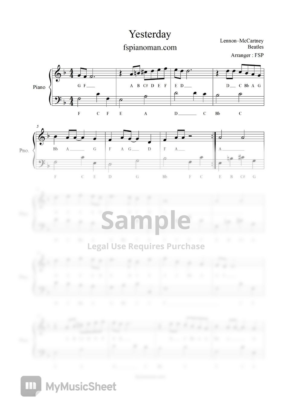 Beatles - Yesterday (Notes Sheet Musi) by freestyle pianoman