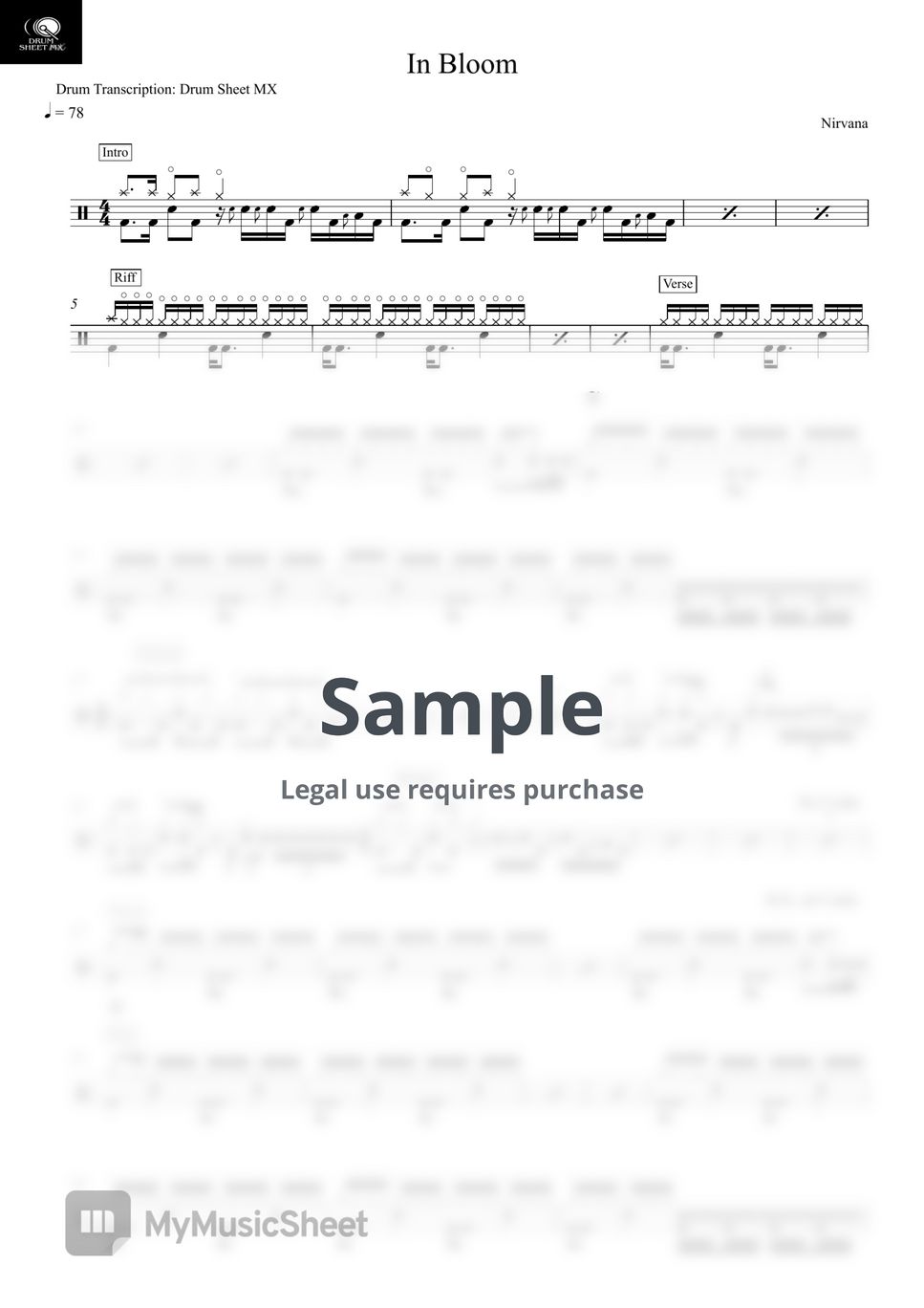 Nirvana - In Bloom by Drum Transcription: Drum Sheet MX