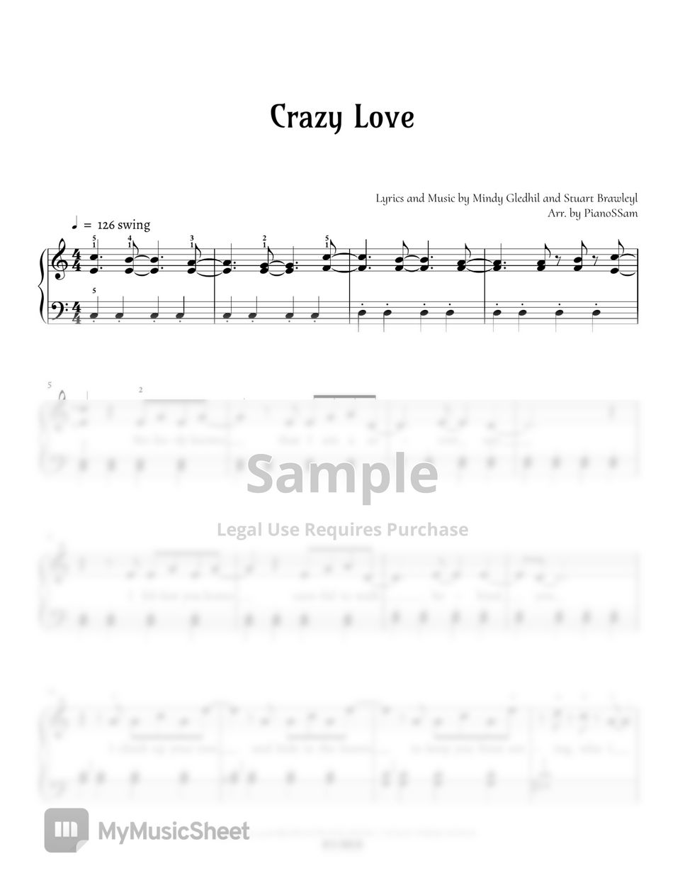 Mindy Gledhill - [Level 3] Crazy Love | Piano Arrangement in C major + MIDI file (Pop) by PianoSSam