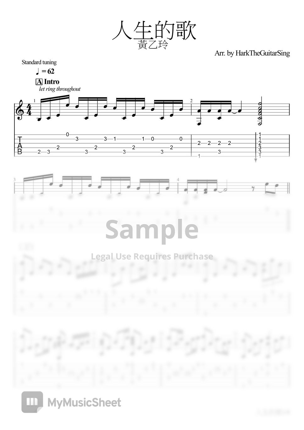  huang yee ling song of life fingerstyle sheet music by