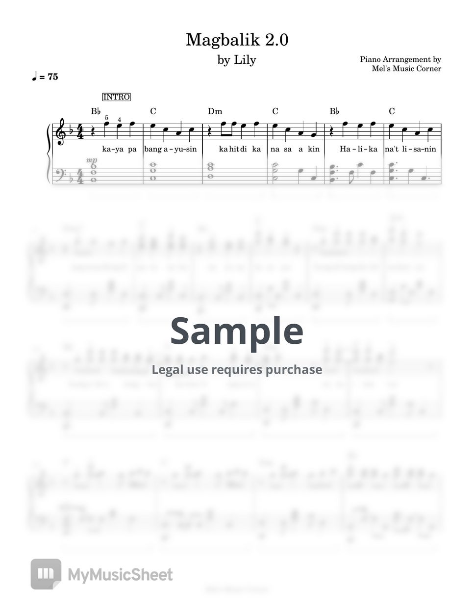 Lily Magbalik 2.0 (piano sheet music) Sheets by Mel's Music Corner
