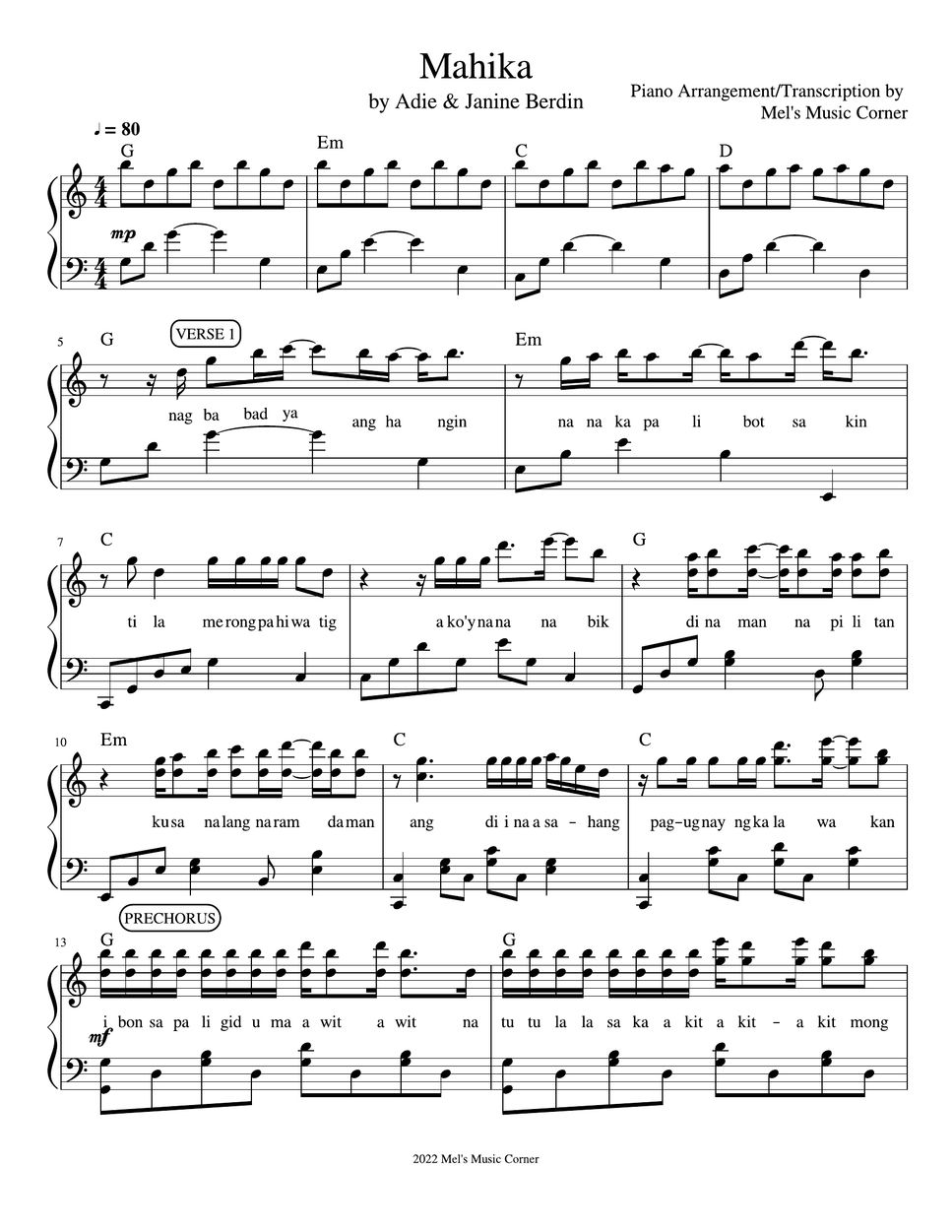 Adie Mahika (piano sheet music) Sheet by Mel's Music Corner