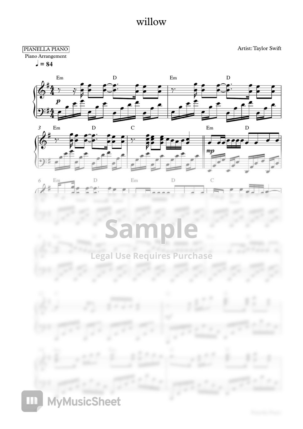Taylor Swift - willow (Piano Sheet) by Pianella Piano