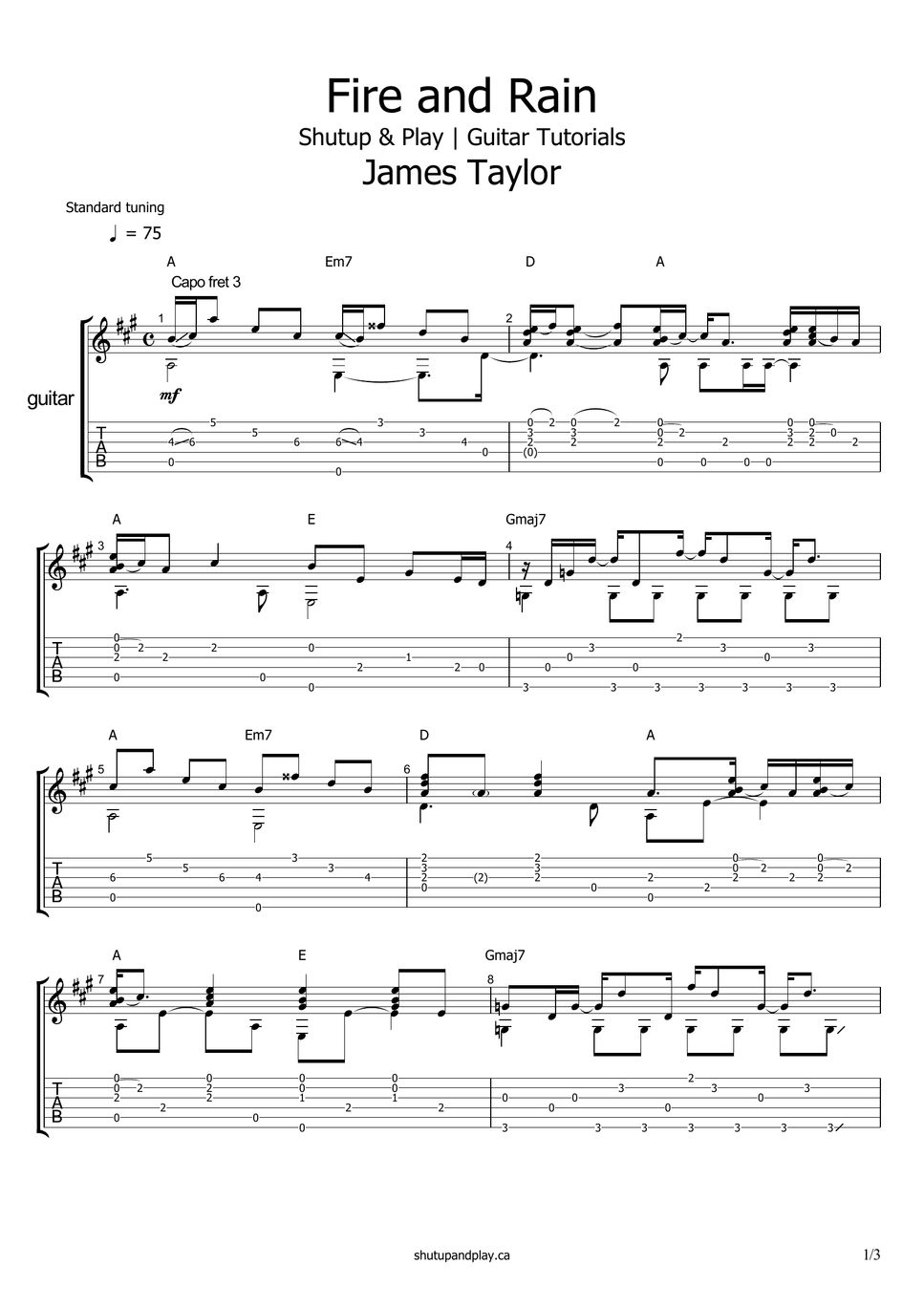 James Taylor Fire and Rain Sheets by Shutup & Play Guitar Tutorials