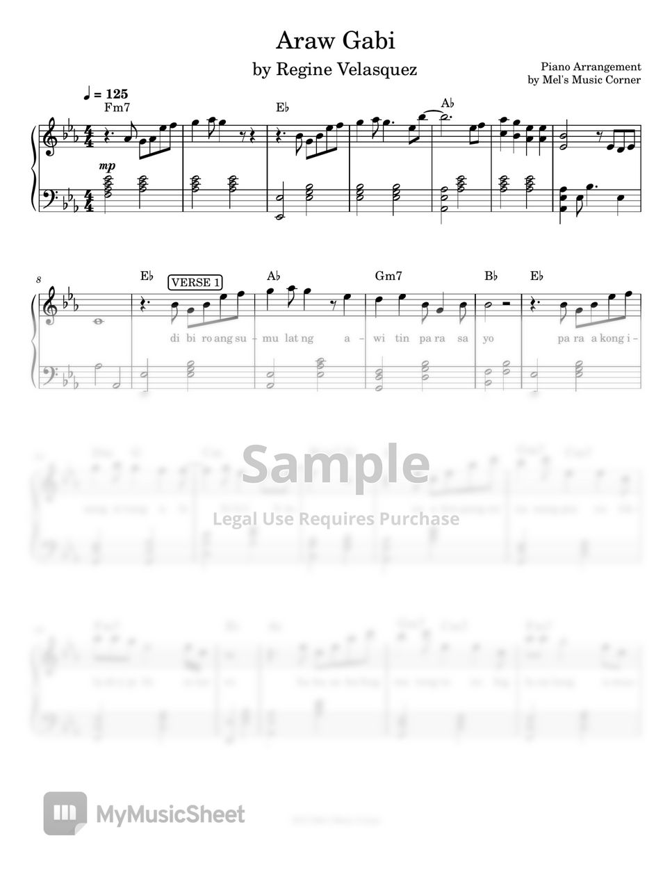 Regine Velasquez - Araw-Gabi (piano sheet music) by Mel's Music Corner