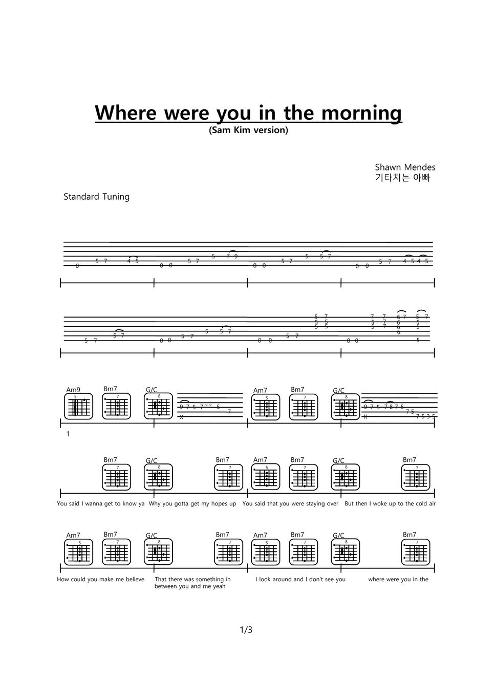 Shawn Mendes Where were you in the morning (Sam Kim version) chords