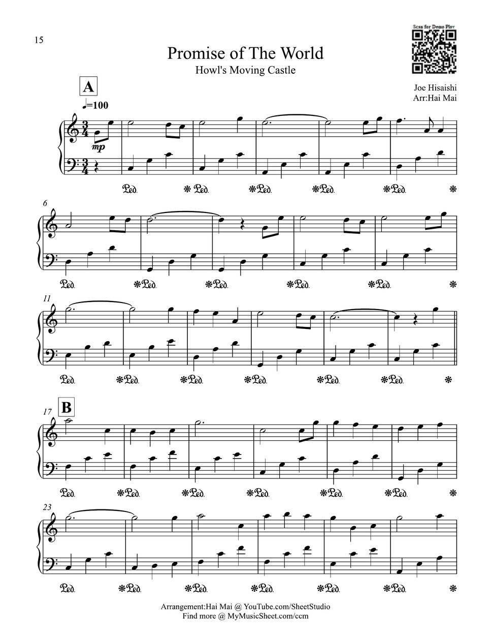 Howl's Moving Castle Promise of The World for Easy Piano 악보 by Hai Mai