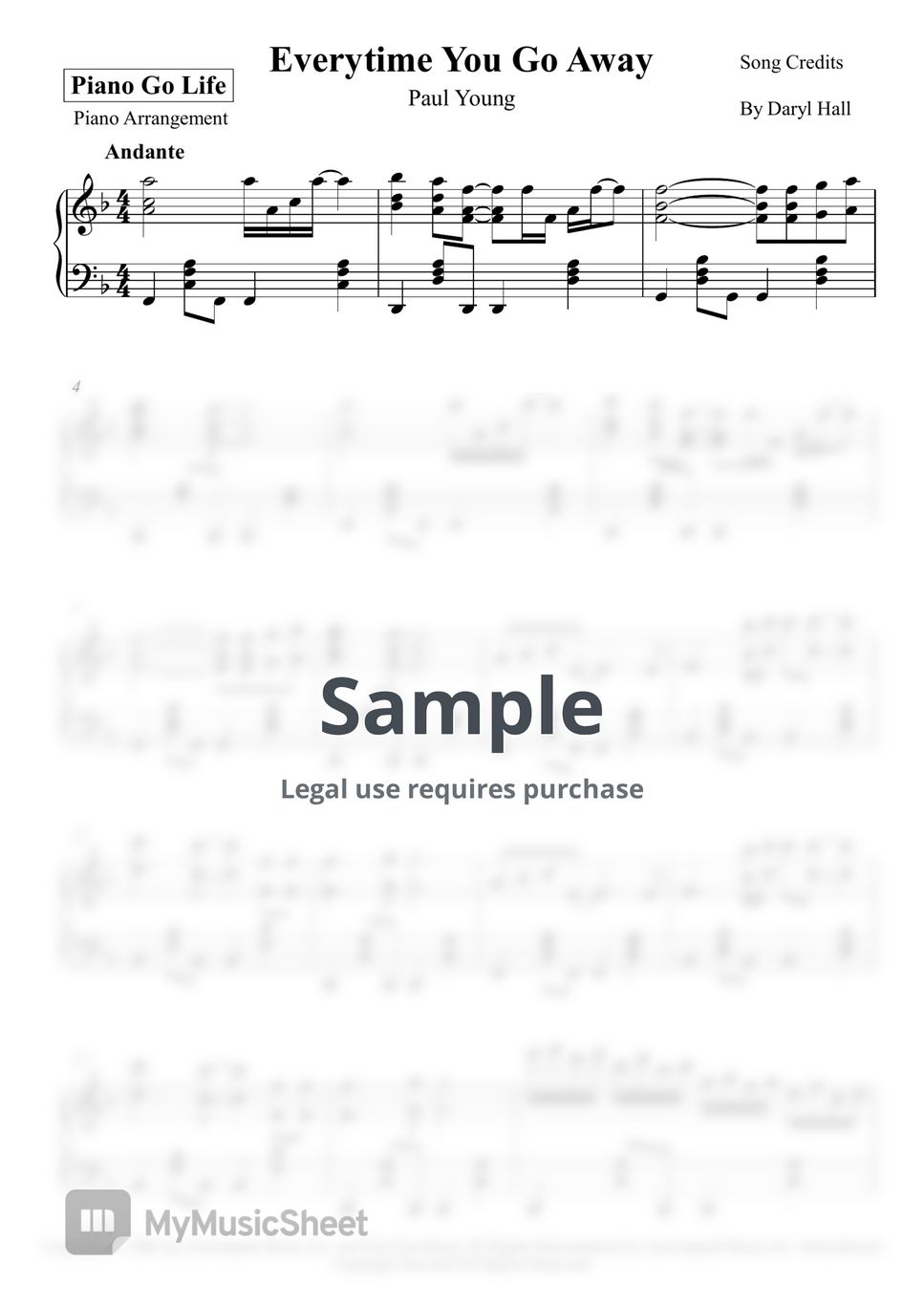 Paul Young - Everytime You Go Away Sheets by Piano Go Life