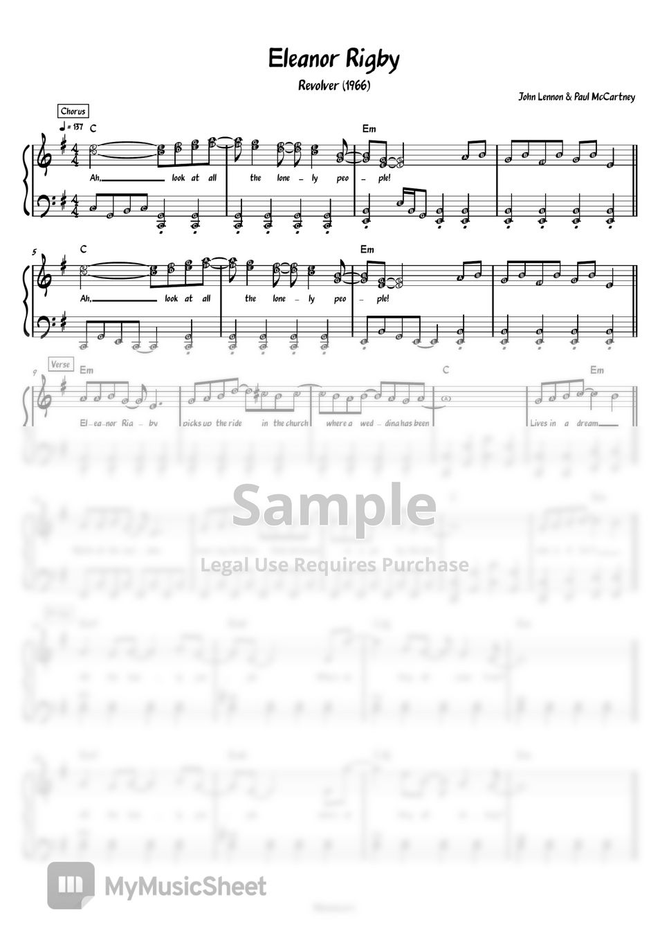 The Beatles - Eleanor Rigby (Piano) Sheet Music by Meowscore